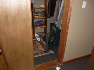 The closet with the safe door opened, where the armed robbers forced DiCanio to hand over construction funds.
